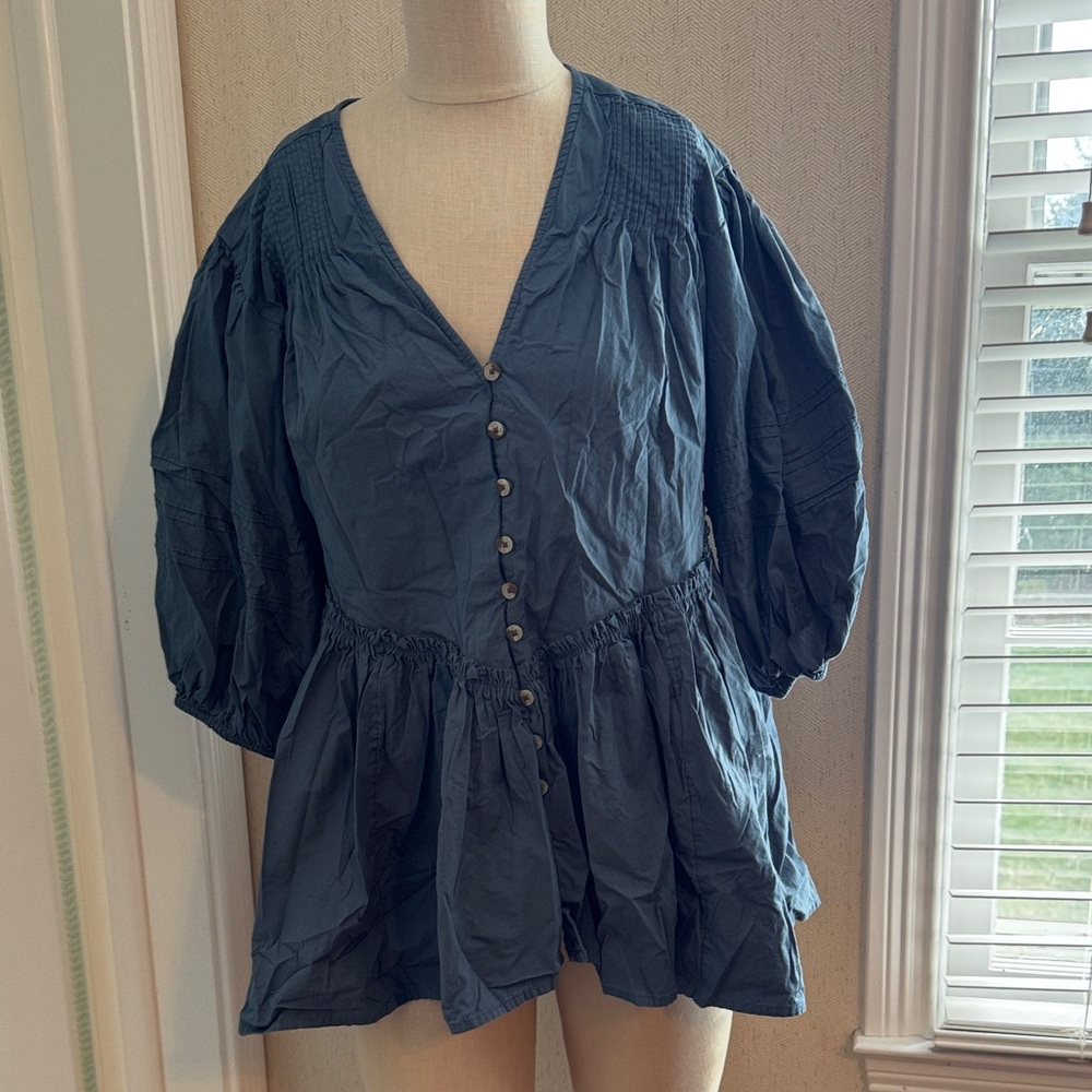 Free People Slate Blue Button-Front Peasant Tunic